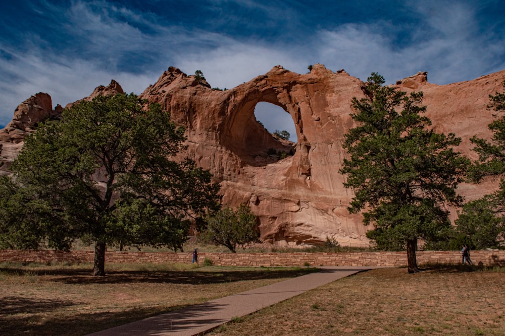 a large rock formation with trees in the foreground