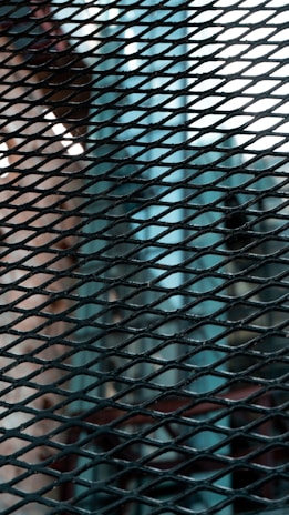 A close-up view of a metal mesh pattern, with crisscrossed wires creating a grid-like design. The background features blurred elements, suggesting an industrial or urban setting with hints of geometric structures.