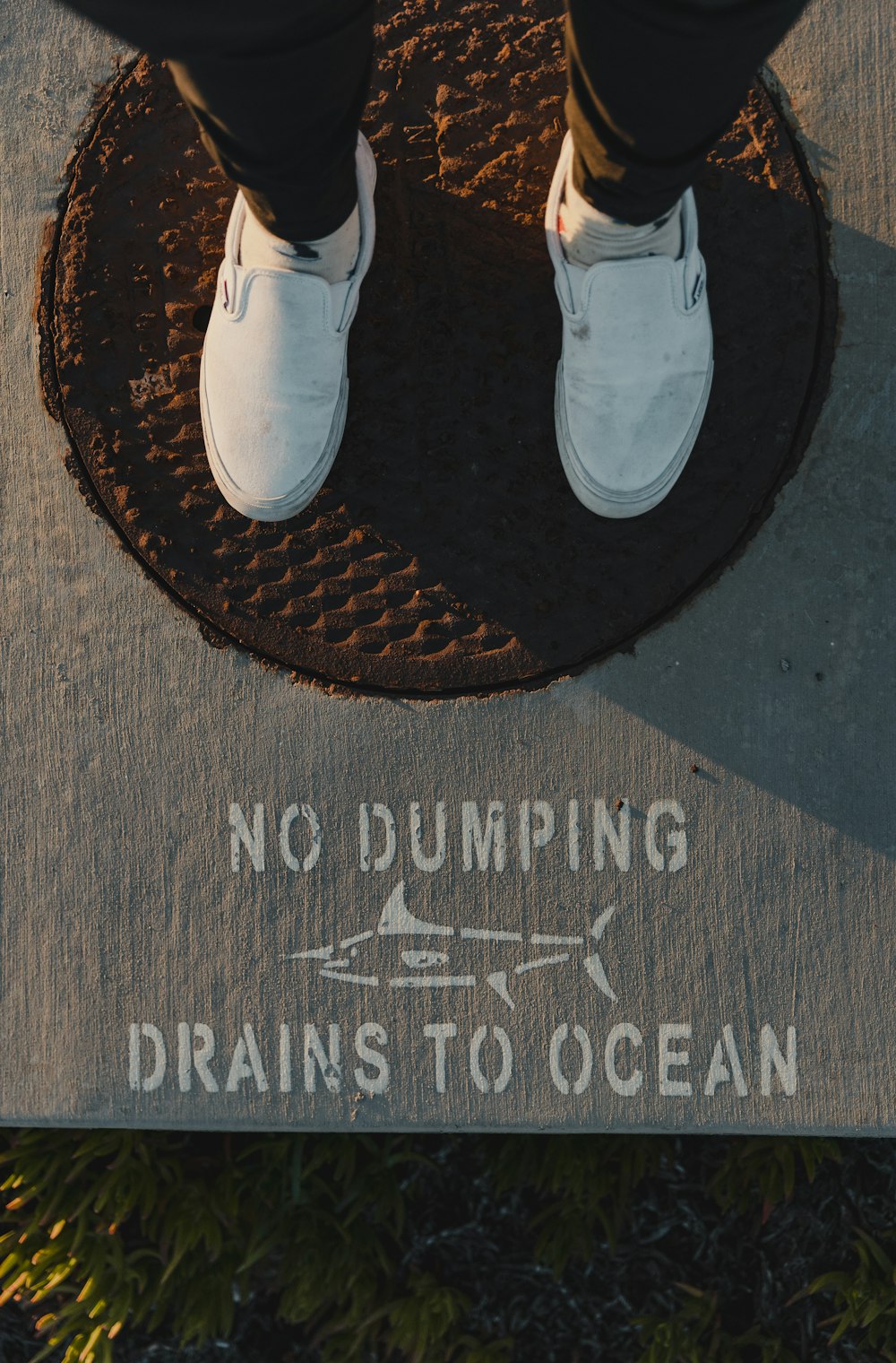 a person standing on a sign that says no dumping drains to ocean