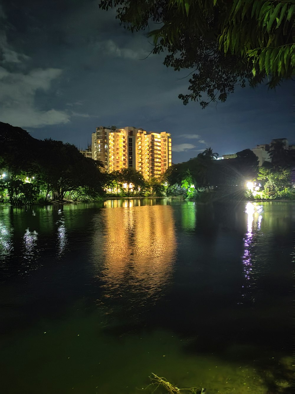 a lake with a building in the background at night