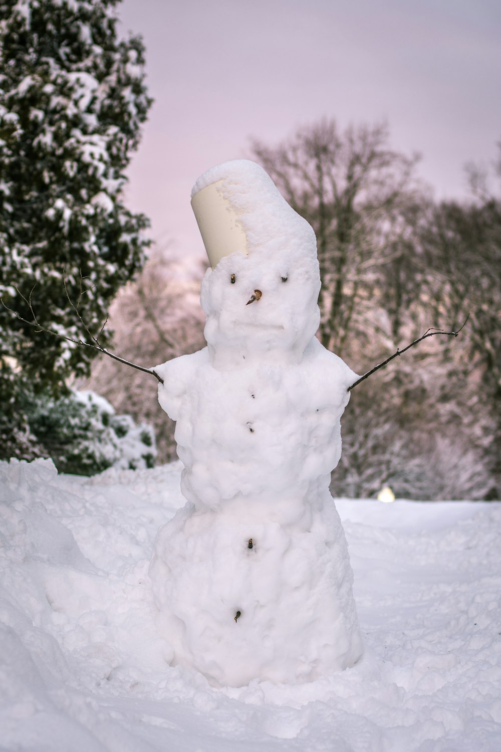 a snowman with a cup on his head in the snow