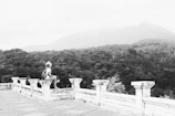 A lone traveler sits on the edge of a stone railing, facing an expansive view of a forested landscape under a misty sky. The scene conveys a sense of solitude and contemplation.