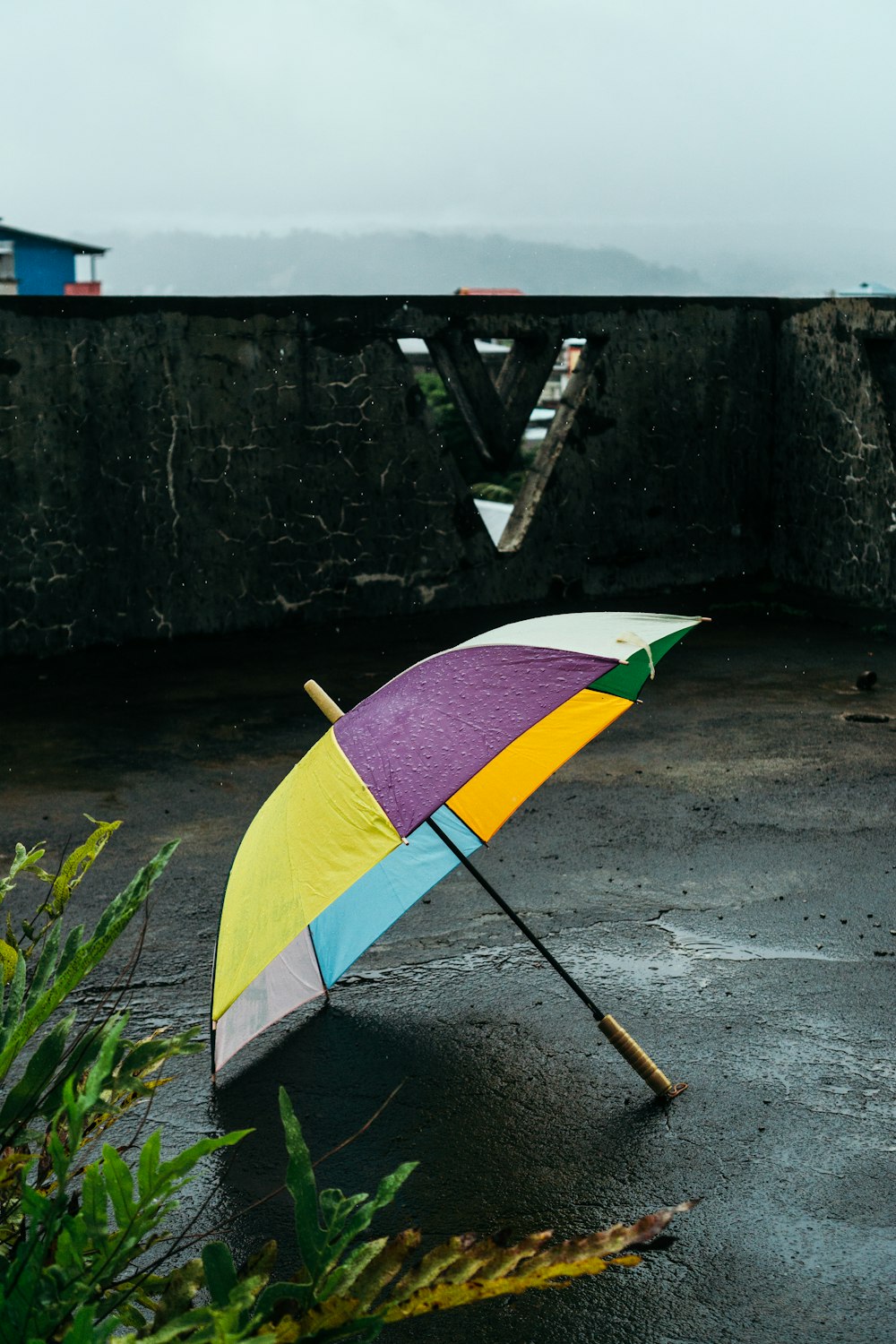 Ein bunter Regenschirm auf einem nassen Boden