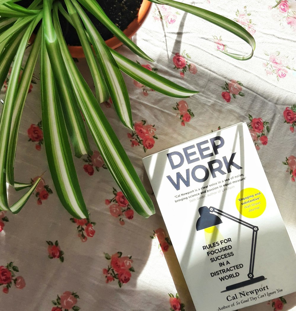 a book sitting on top of a bed next to a plant