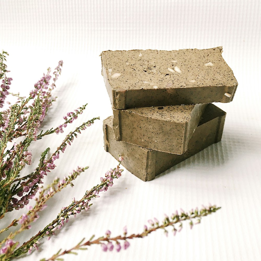 a couple of bricks sitting next to a bunch of flowers