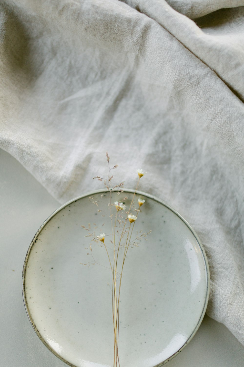 une assiette blanche avec quelques fleurs dedans