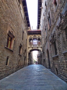 a narrow alley with a stone walkway between two buildings