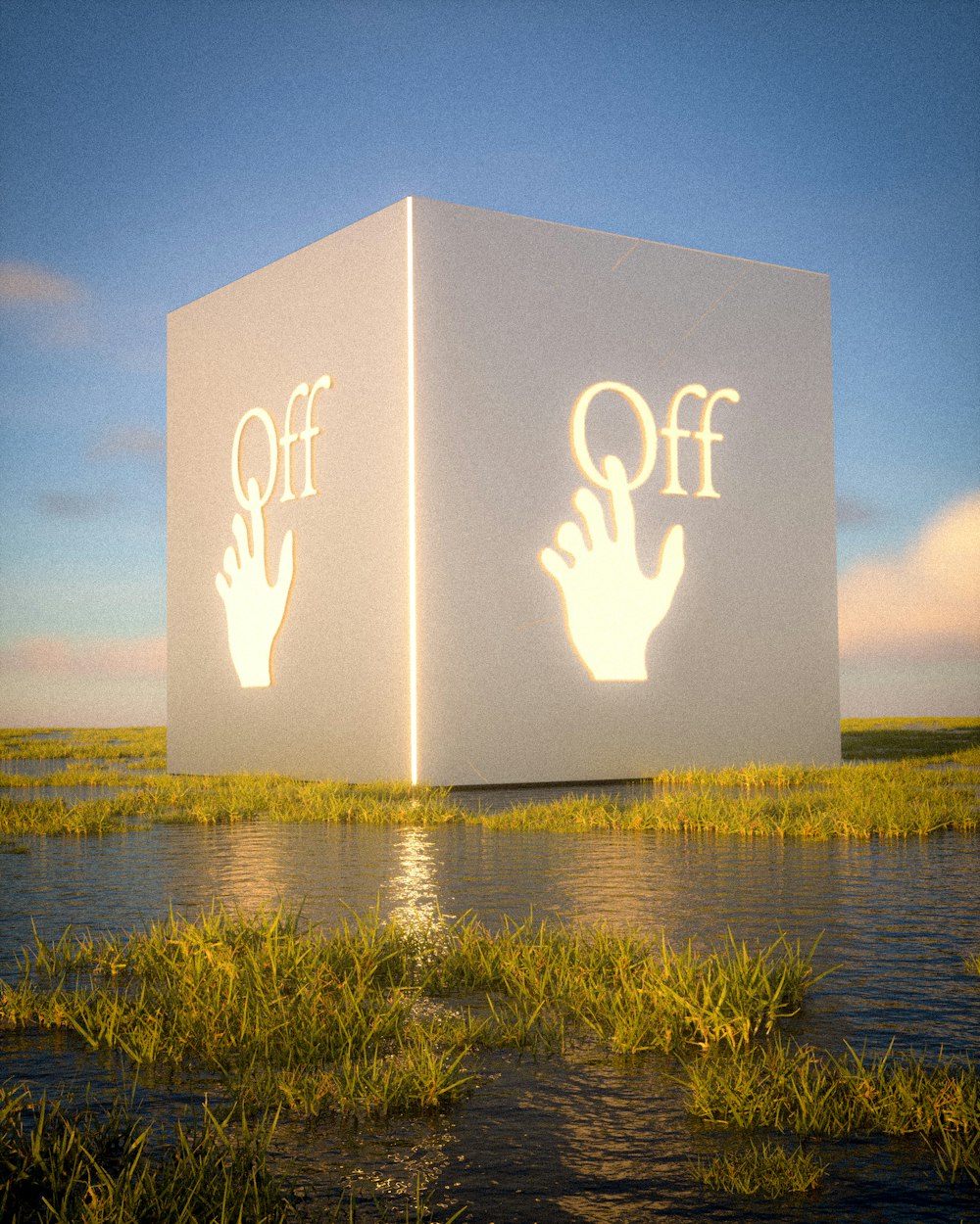 a large white box with two hands projected on it