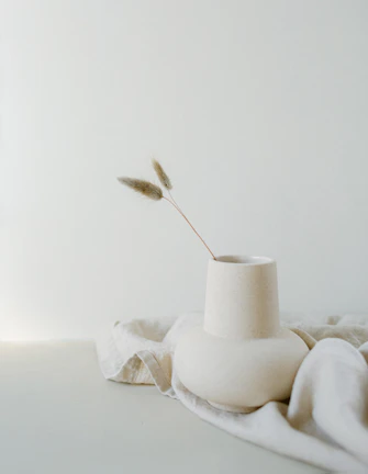 A minimalist ceramic vase with clean lines holding a single wildflower.