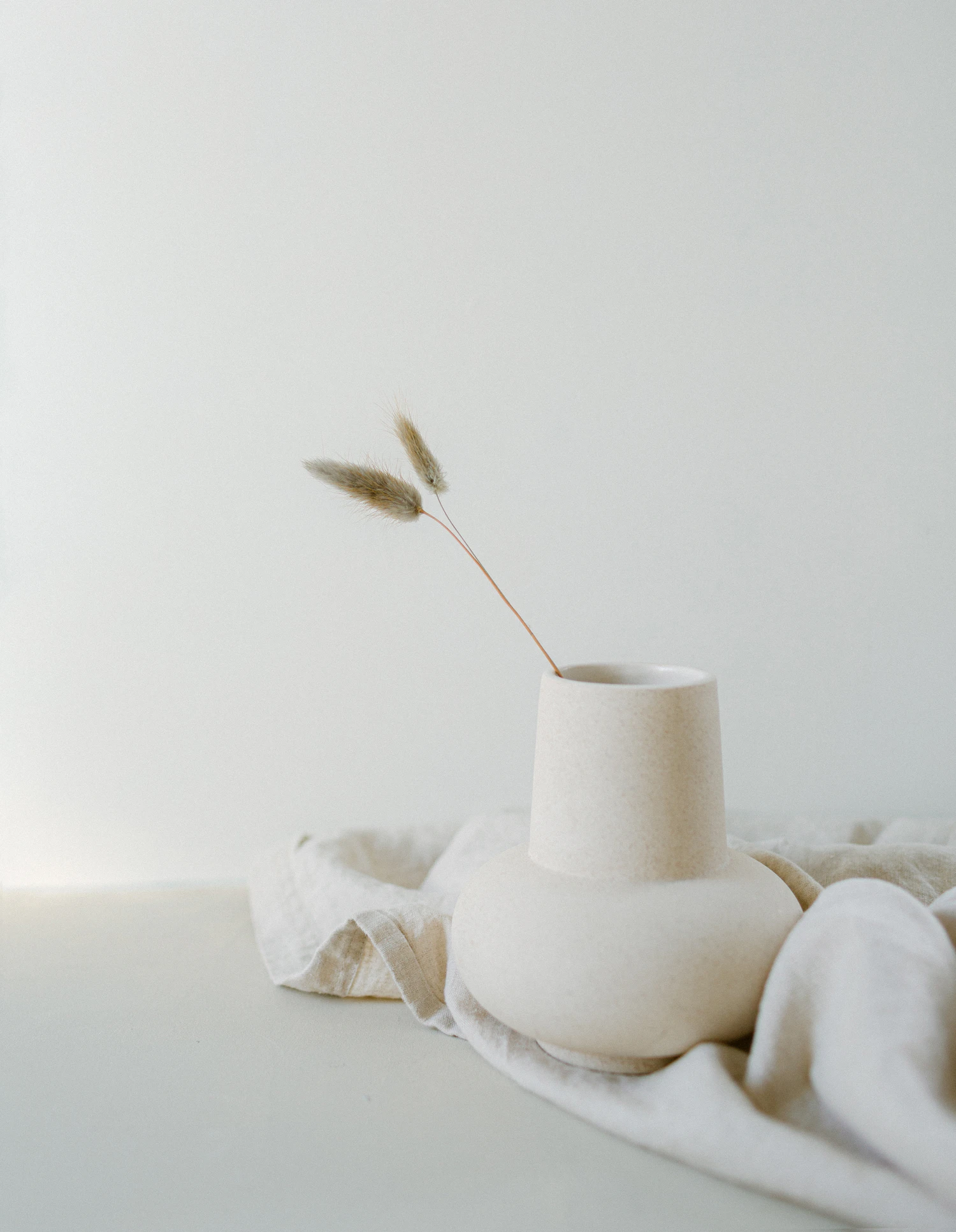 Breve bud vase in chalk glaze, a small white jug holding one dried stem
