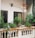 A small balcony features several potted green plants arranged on a light-colored balustrade, including leafy shrubs and small trees. A pair of glass-paned doors with metal grills and a colonial-style light fixture are part of the wall. The area conveys an old-world charm with the rustic style columns and slightly weathered walls.