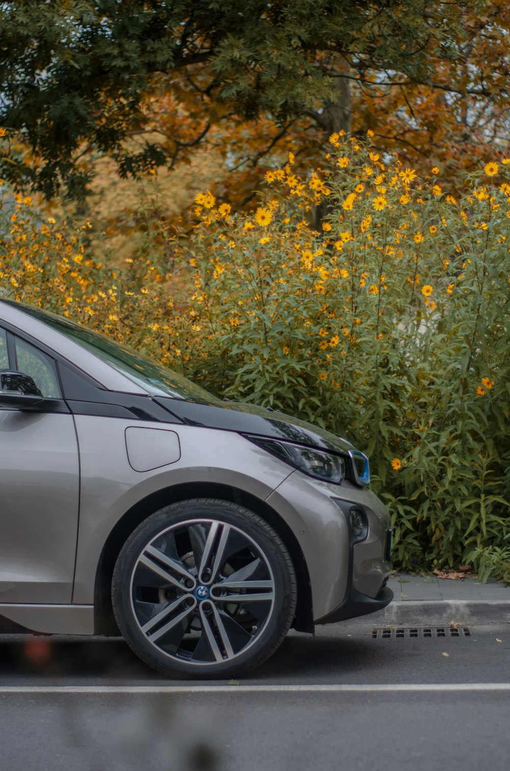 a silver car parked on the side of the road