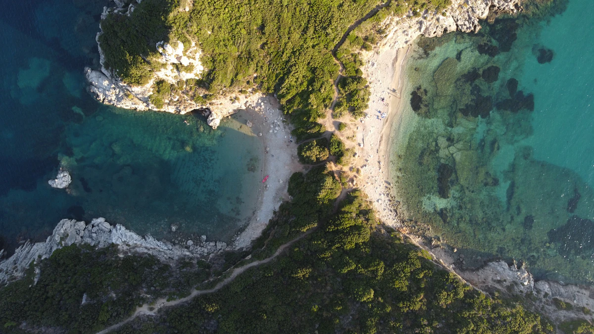 Bird's eye view of a beach and turquoise sea near Paleokastritsa, Corfu