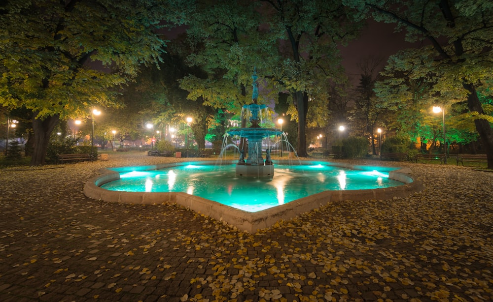 Une fontaine dans un parc éclairé la nuit