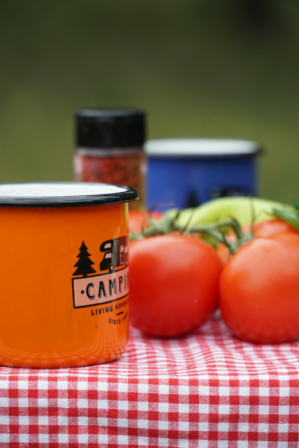tomatoes, tomatoes, and a can of canned food on a table