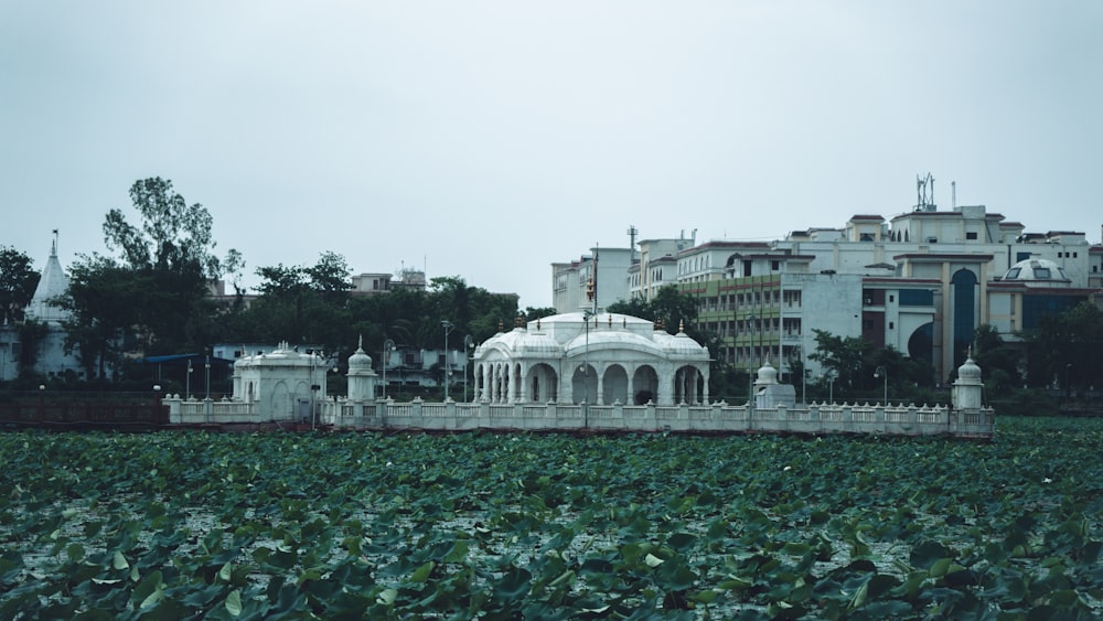 a large white building sitting in the middle of a lush green field