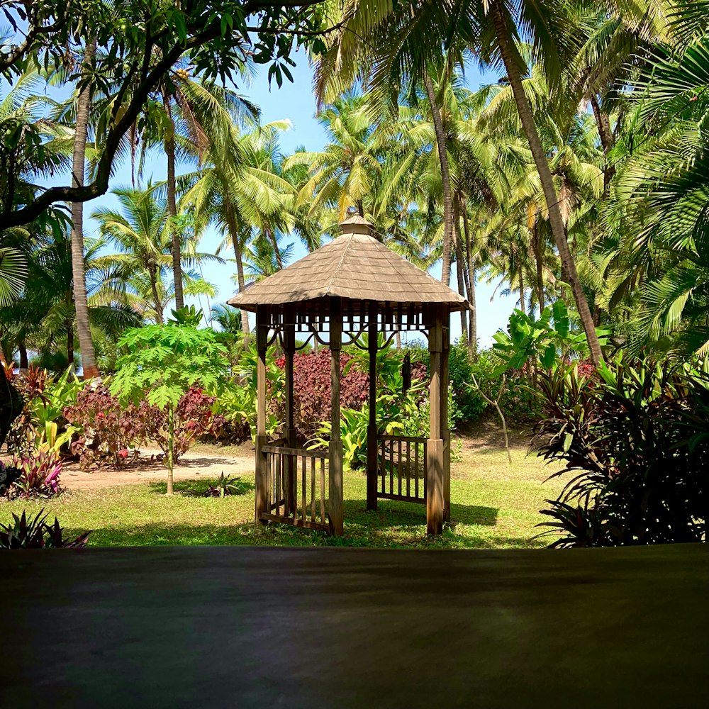 a gazebo in the middle of a tropical garden