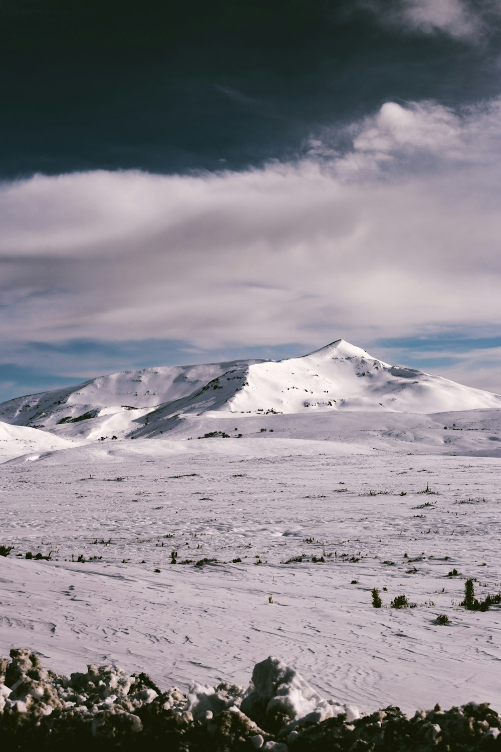 a snowy landscape with a mountain in the background