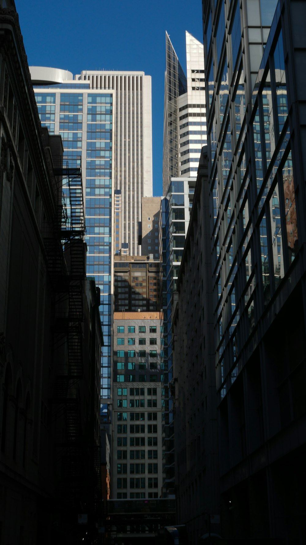 a city street with tall buildings in the background