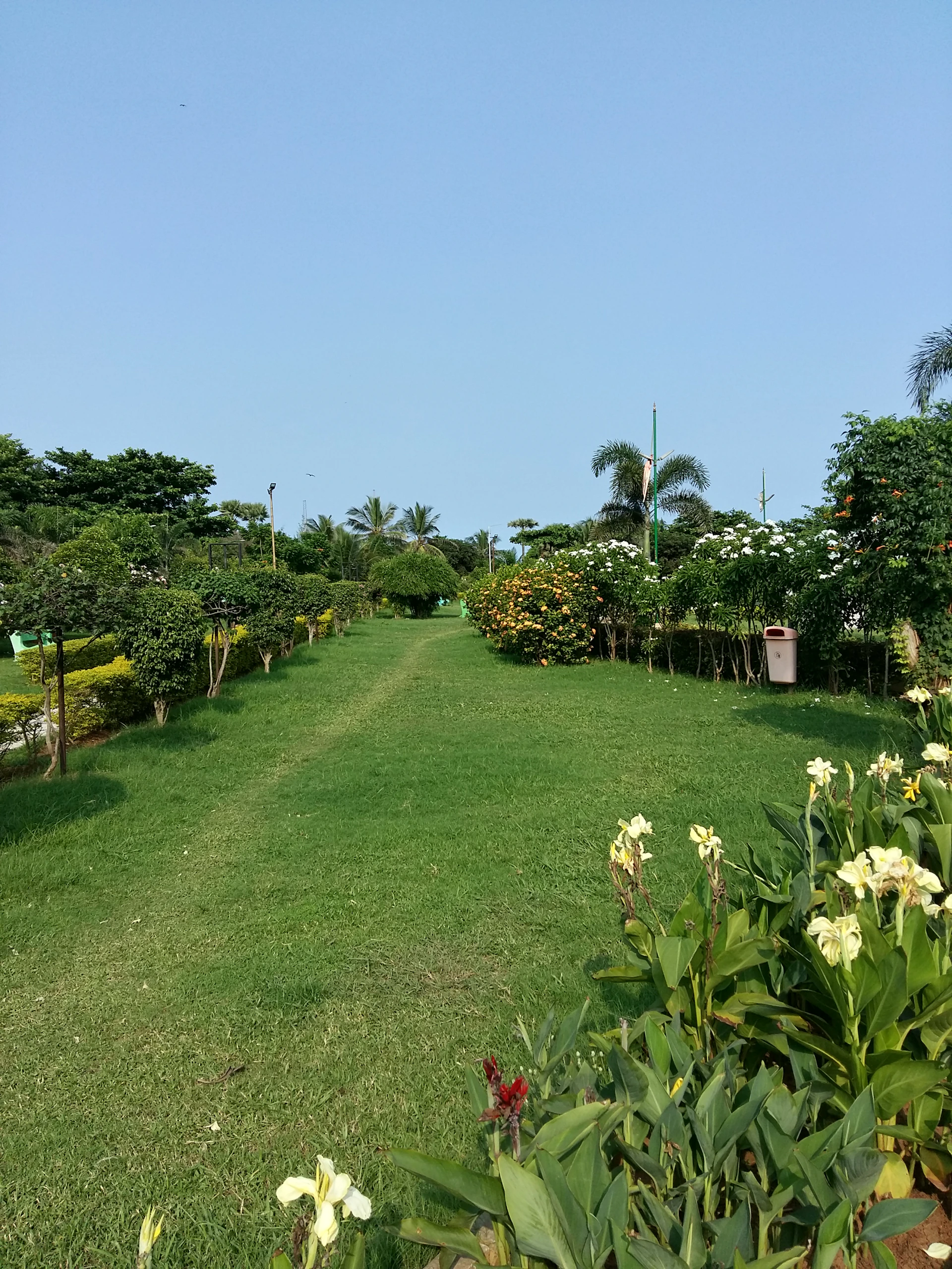 A lush front yard neatly trimmed with vibrant green grass, showing freshly edged flower beds under a bright sky.