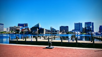 View of the modern architecture along the Harburger Binnenhafen waterfront on a sunny day.