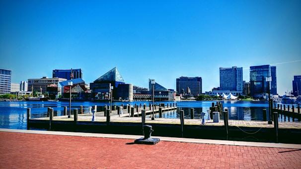 View of the modern architecture along the Harburger Binnenhafen waterfront on a sunny day.