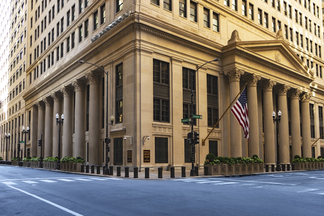 Neoclassical colonnade of a Federal Reserve Bank building