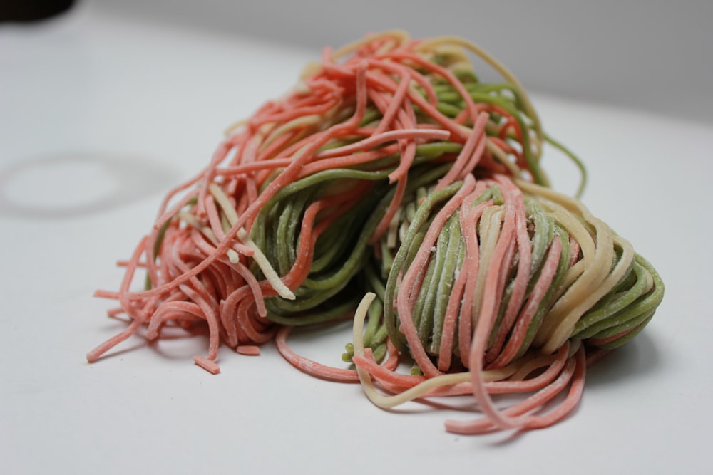 a close up of a pile of food on a table