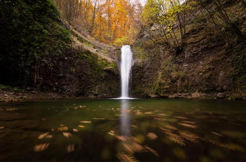 A serene waterfall cascades down a rocky cliff into a calm pool, surrounded by lush greenery and autumn-colored trees. The area exudes tranquility, with leaves gently floating on the water's surface.