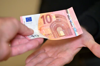 a person holding a ten euros bill in their hands