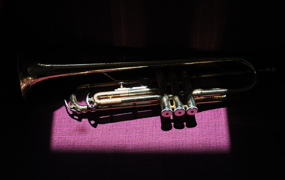 a trumpet sitting on top of a purple mat