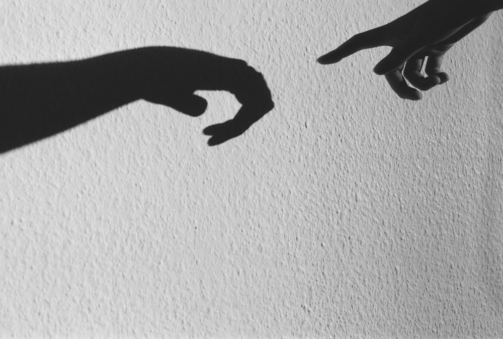 a black and white photo of two hands touching each other