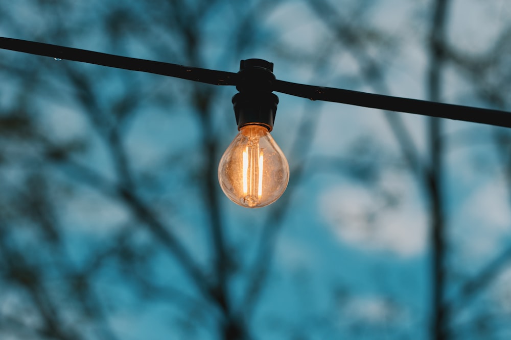 a light bulb hanging from a wire with trees in the background