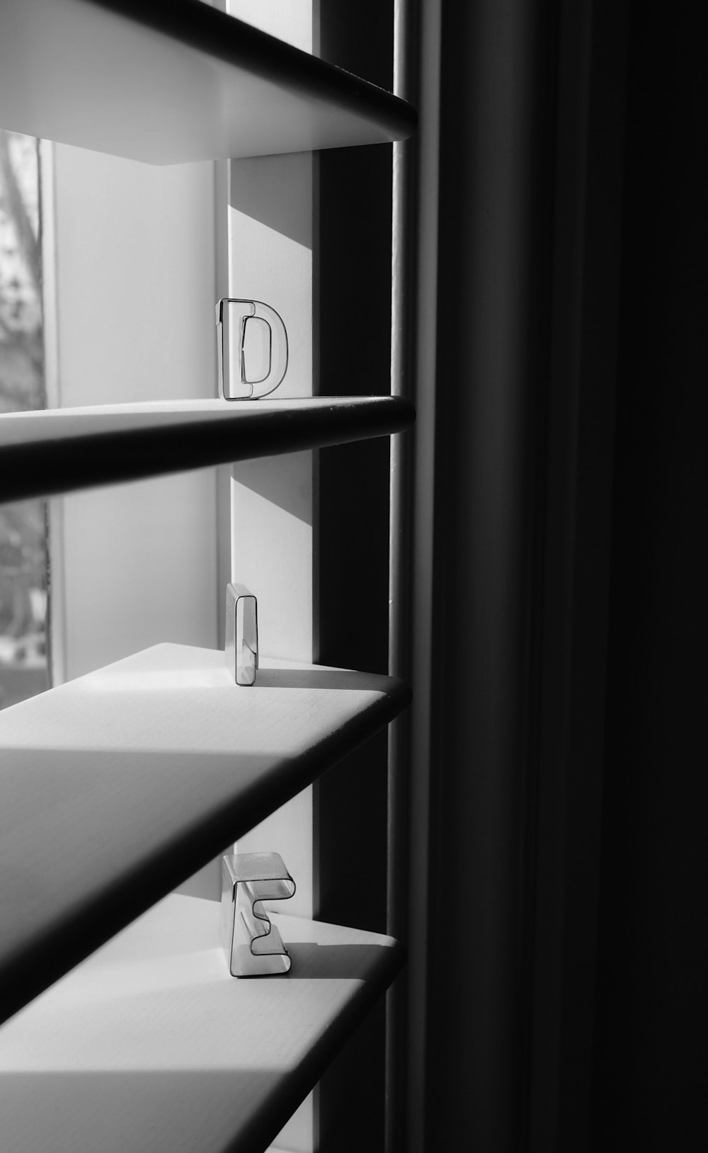 a black and white photo of a shelf in a room