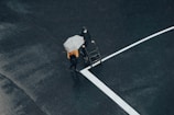 a person with an umbrella walking with a stroller