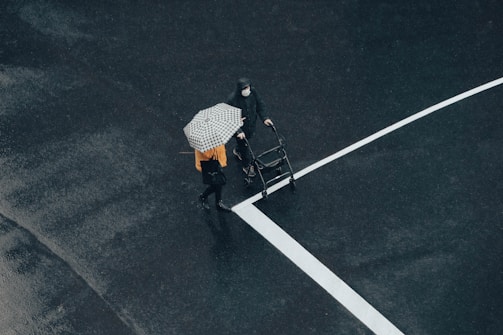 a person with an umbrella walking with a stroller