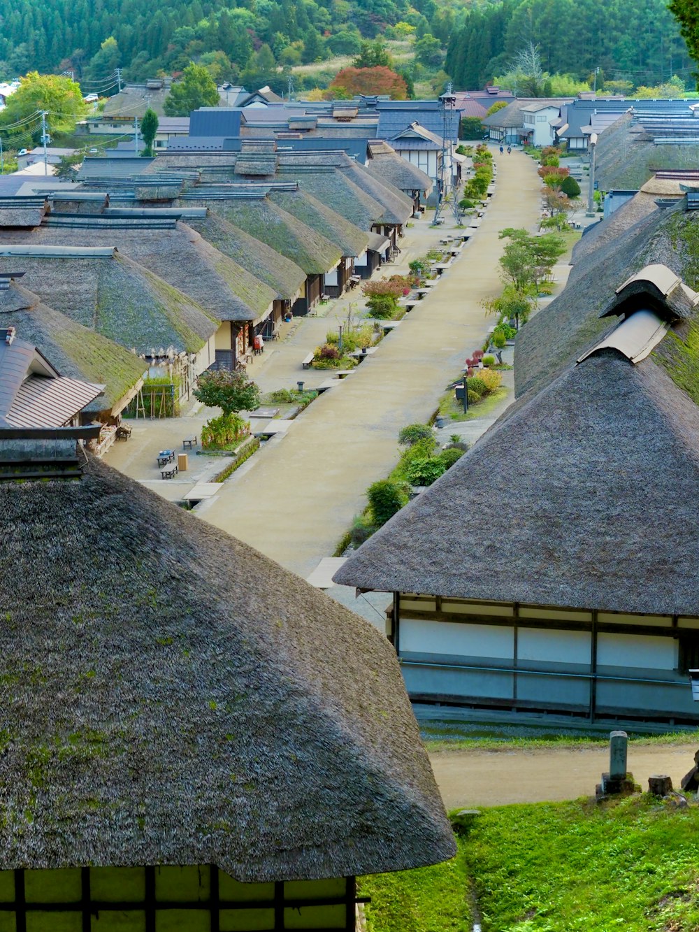 a row of houses with thatched roofs in a village