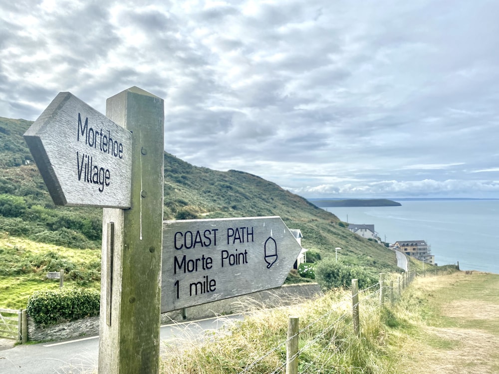 a couple of signs sitting on the side of a road