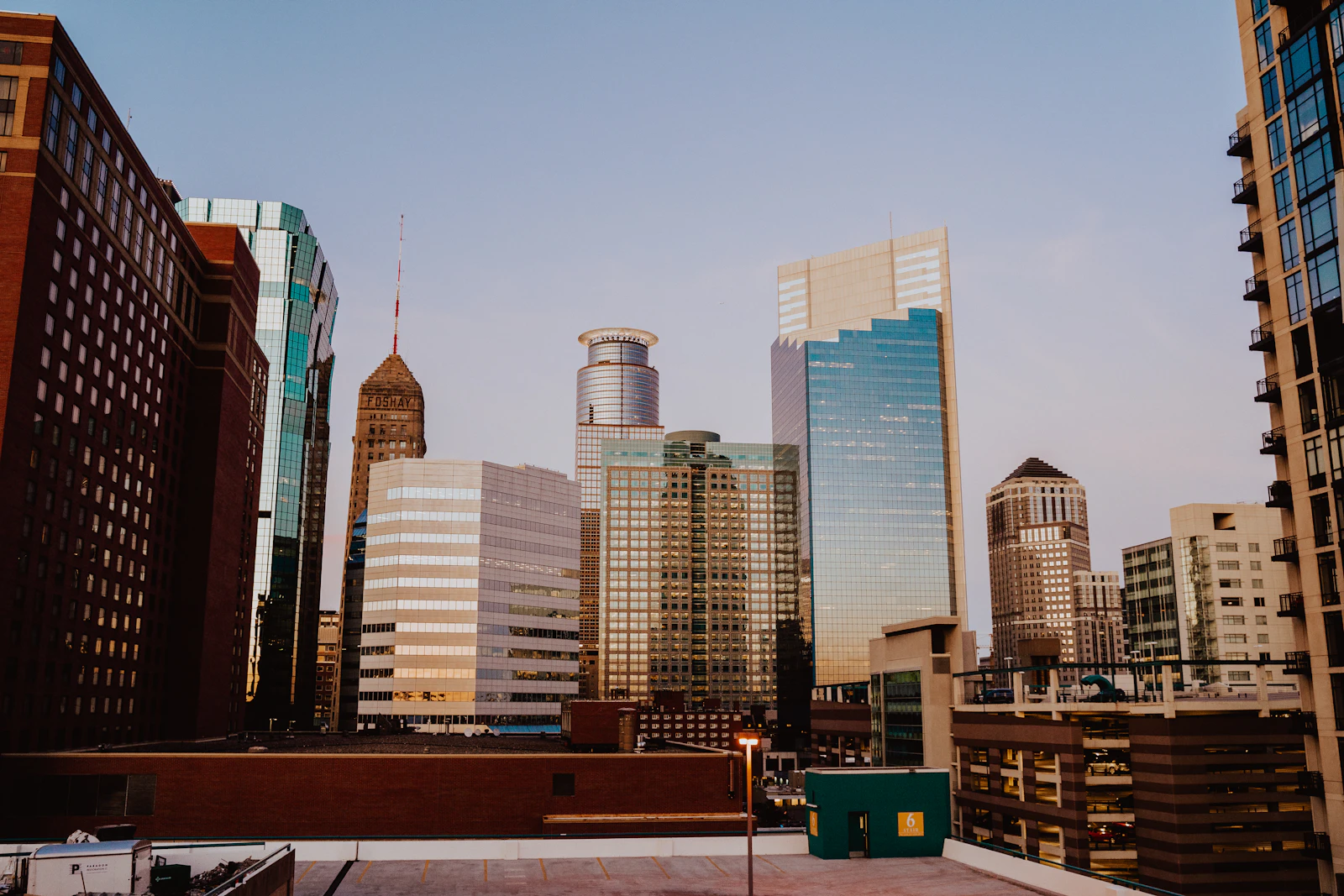 Downtown Minneapolis skyline from a rooftop, Foshay Tower and IDS Center visible
