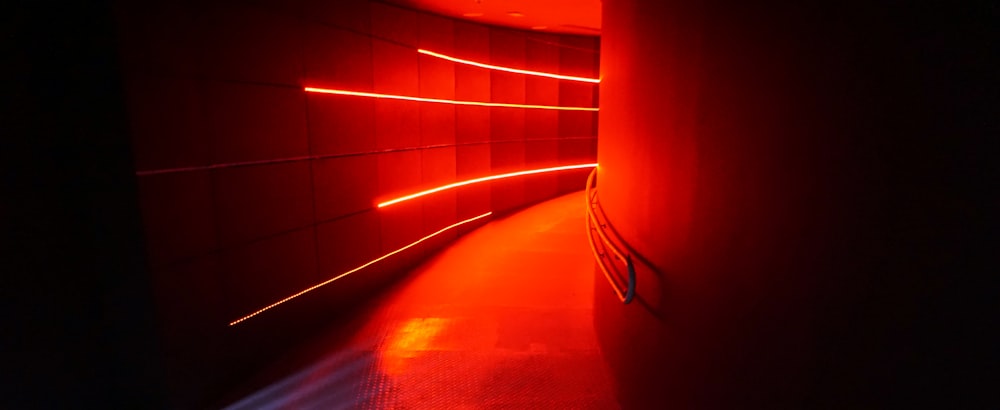 赤い光が差し込む長い廊下