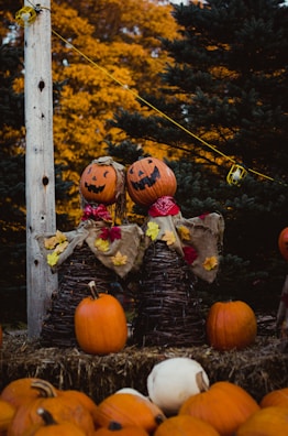 a couple of halloween pumpkins sitting on top of a pile of branches