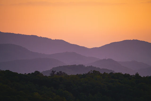 Layered ridges of the Great Smoky Mountains at sunset