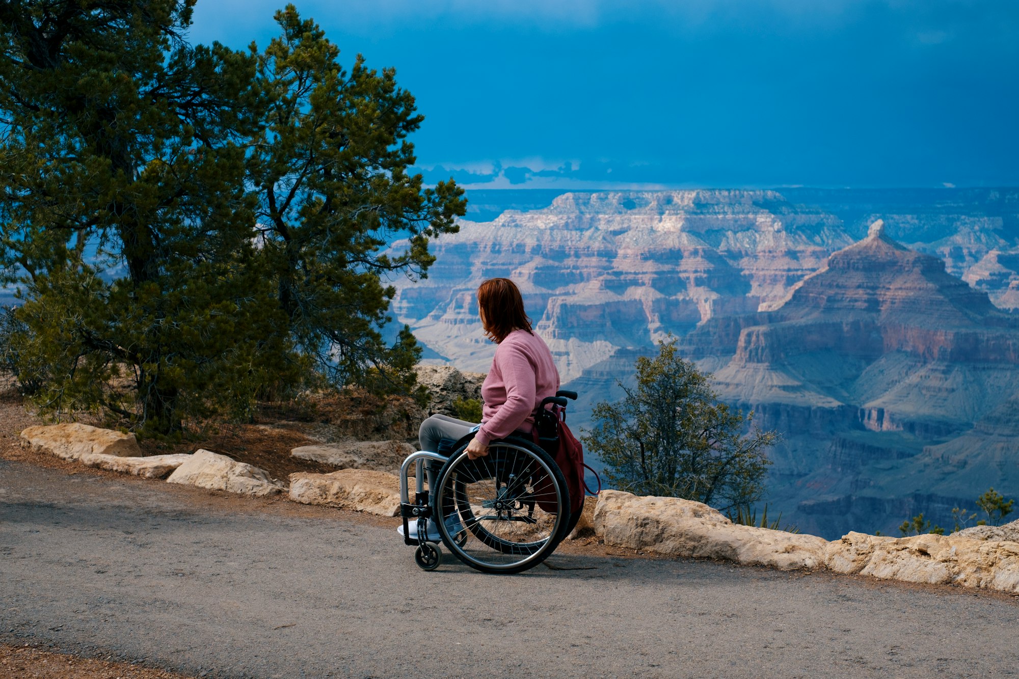 Une femme en fauteuil roulant regardant l'horizon, sur les bords du Grand Canyon | 
A woman in a wheelchair gazing at the horizon on the rim of the Grand Canyon