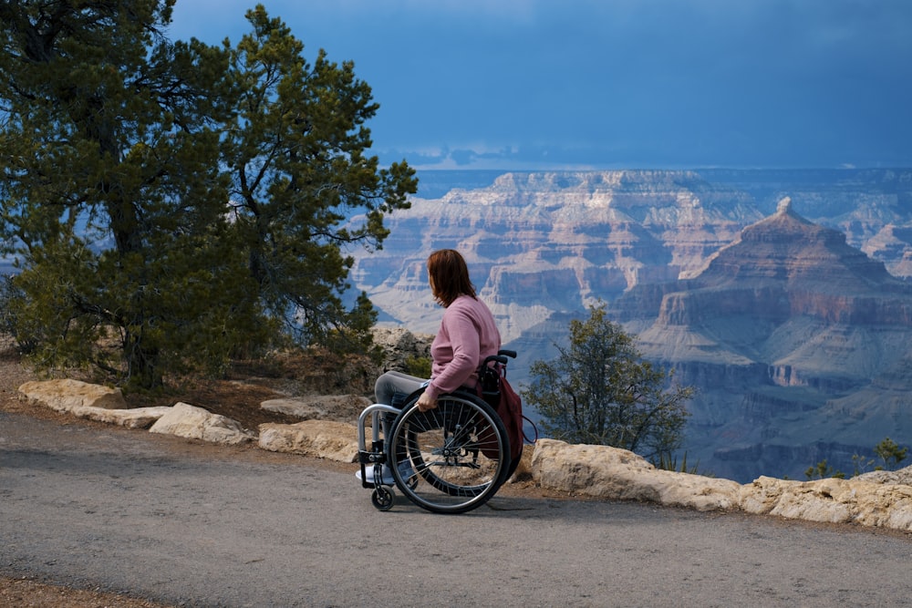 a woman in a wheel chair at the edge of a cliff