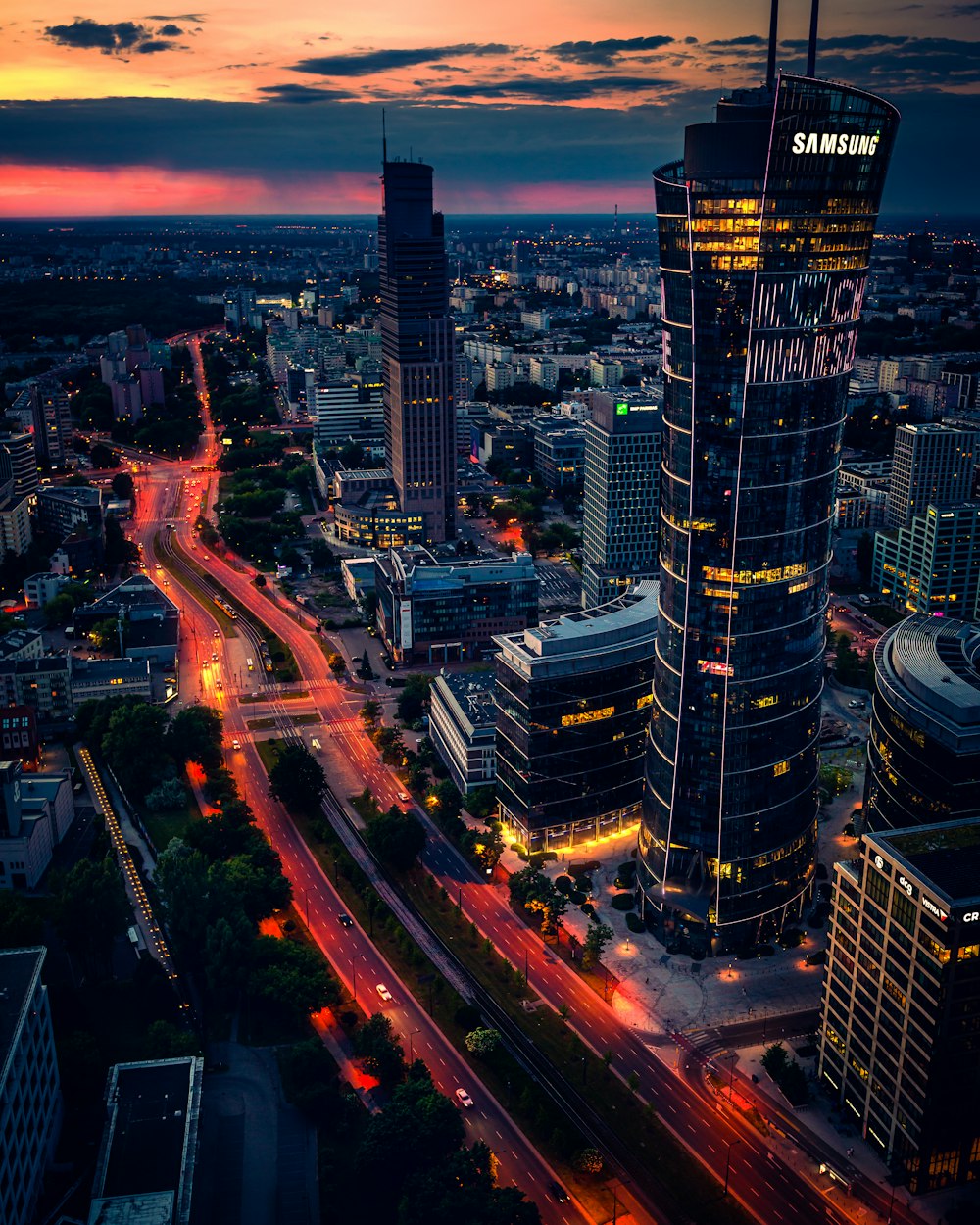 an aerial view of a city at night