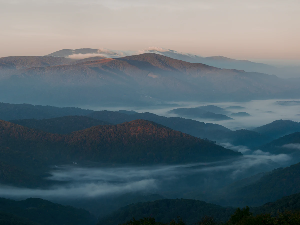 Morning mist over the Blue Ridge Mountains at dawn