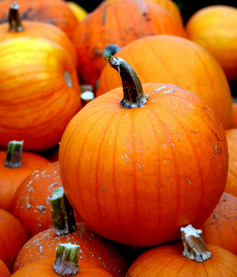 a pile of orange pumpkins sitting on top of each other