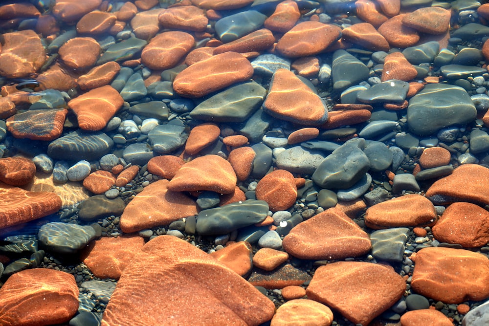 a close up of rocks and water on a beach