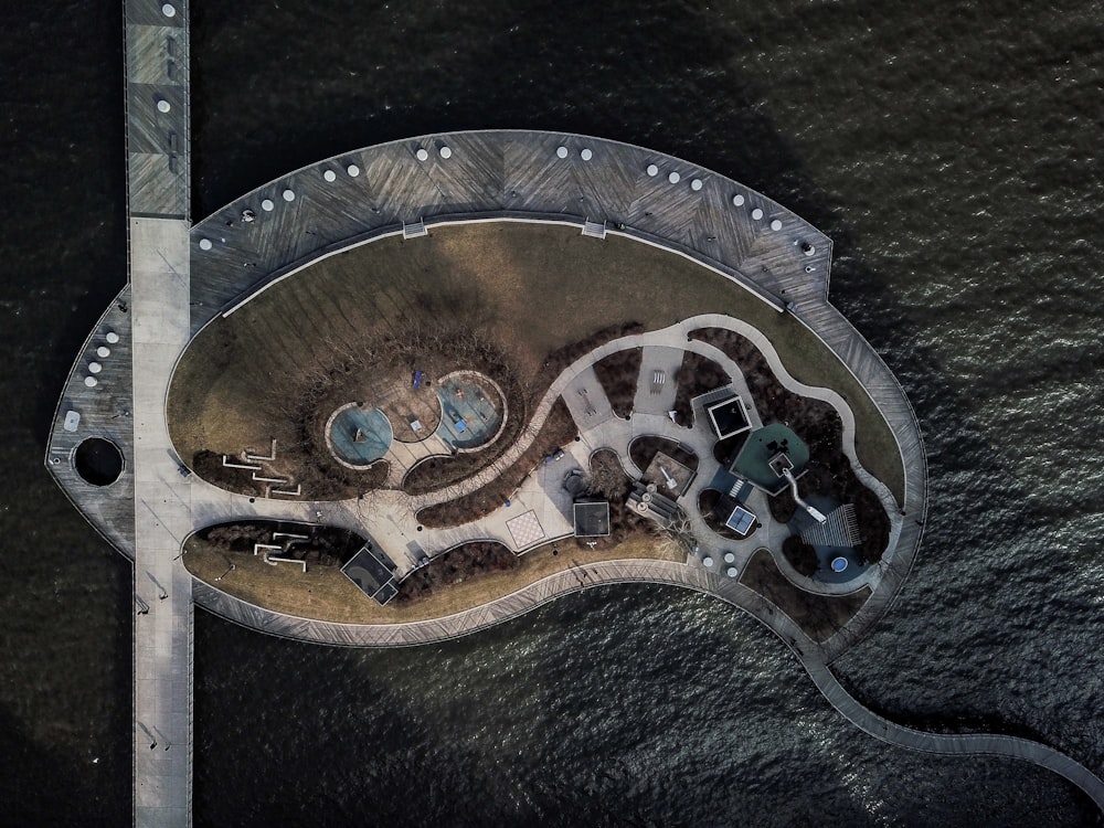 an aerial view of an island in the middle of the ocean