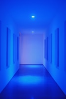 A sleek modern office lobby bathed in midnight navy light, reflecting minimalistic design.